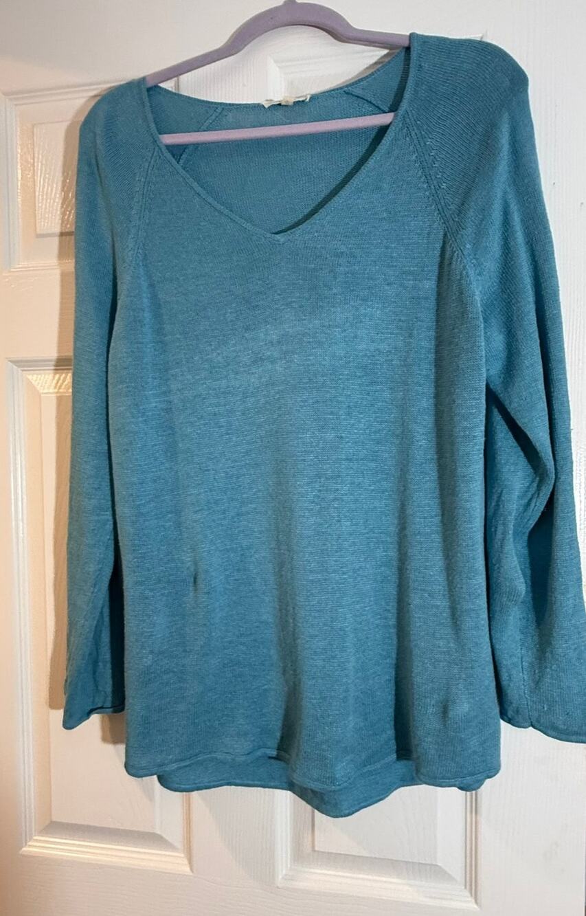 Eileen Fisher Womens L Teal Blue 100% Linen V Neck Pullover Sweater